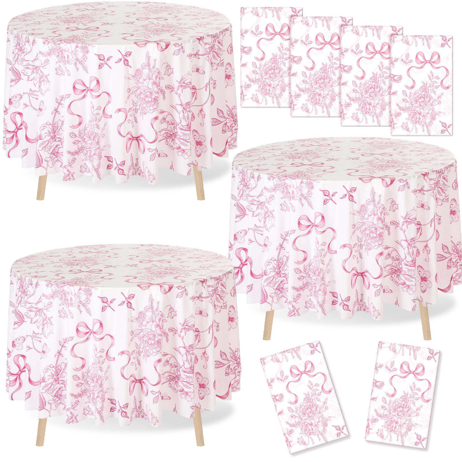 Ganeen 12 Pcs Pink Floral Bow Plastic Tablecloth Flower Round Vintage