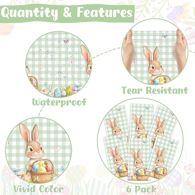 6 Pack Easter Tablecloth, 54" x 108" Disposable Easter Decorations
