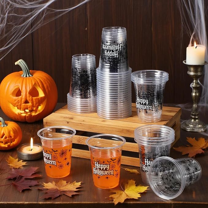 50 Pcs Halloween Cups 12 oz Spider Plastic Cups Clear Happy