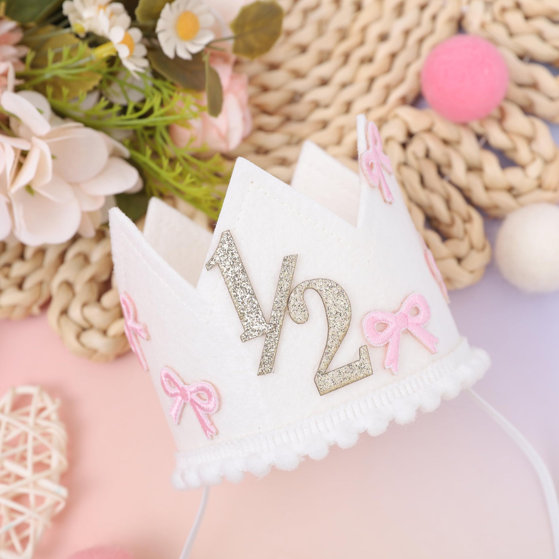 Jissoo Bow 1/2 Birthday Crown - 6 Months Birthday Decorations,Little