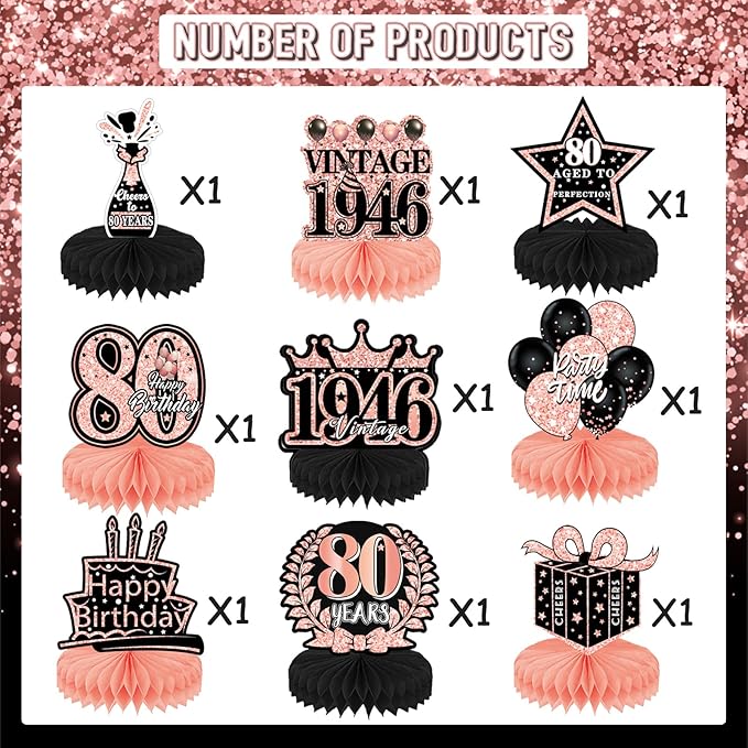 80th Birthday Decorations for Women - 9pcs Rose Gold 80 Party