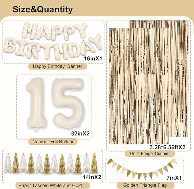 15th Birthday Decorations for Girls, White and Gold 15 Boho Birthday