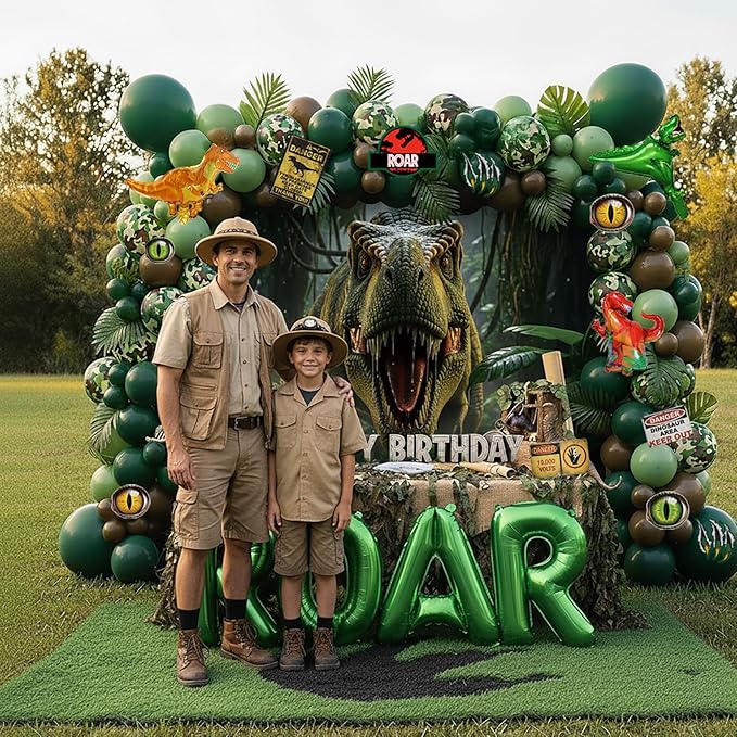 ROAR Dinosaur Birthday Decorations include Sage Green Brown balloon