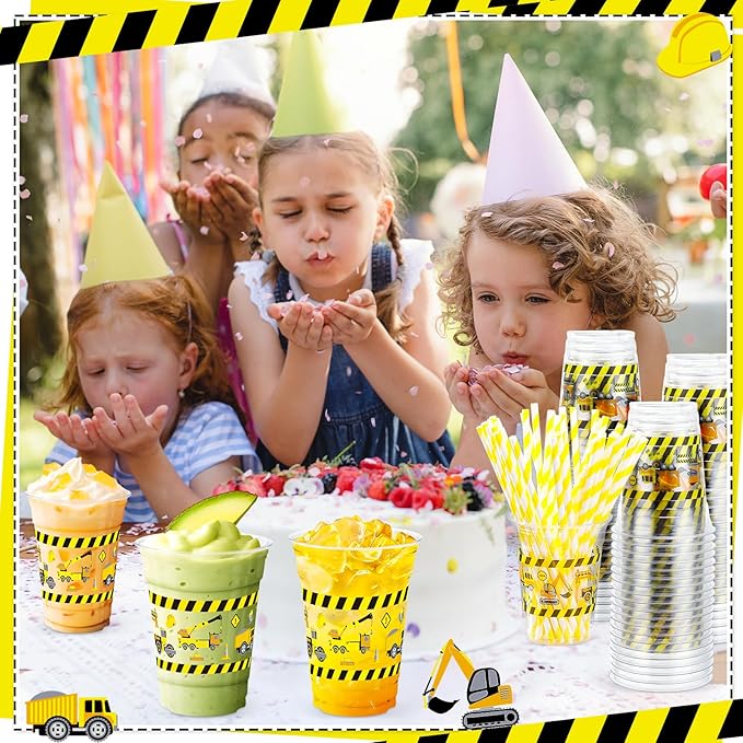 50 Pcs Construction Truck Plastic Cups with Lids and Straws 12 oz