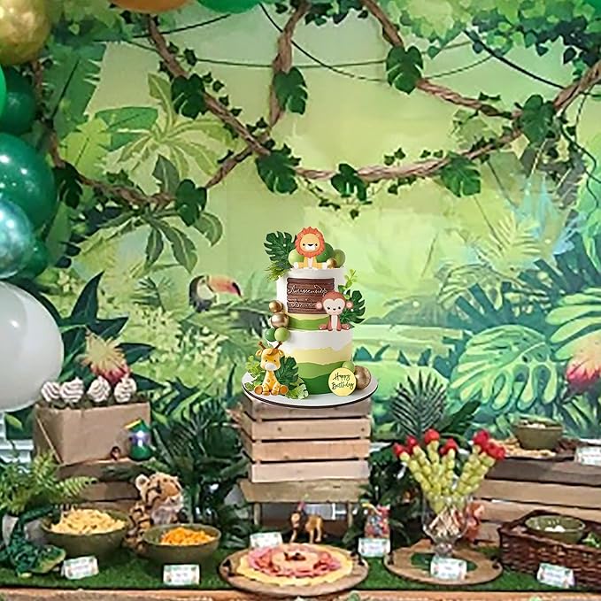 Jungle Safari Animal Cake Topper with Colourful Balls Plam Leaves