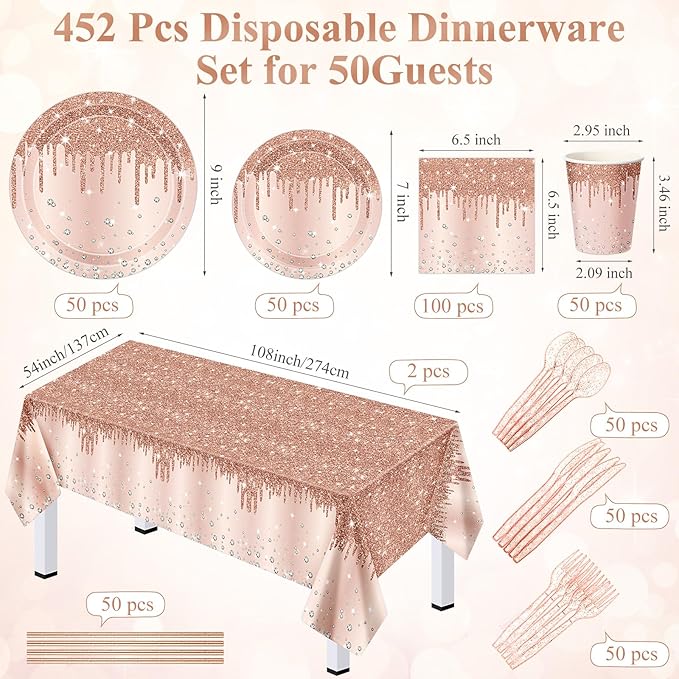 452 Pcs Rose Gold Party Supplies Birthday Decorations Include Glitter