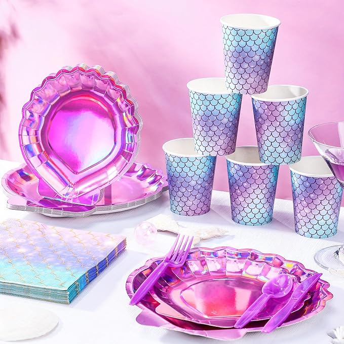 144 Pcs Iridescent Pink Mermaid Party Birthday Supplies Paper