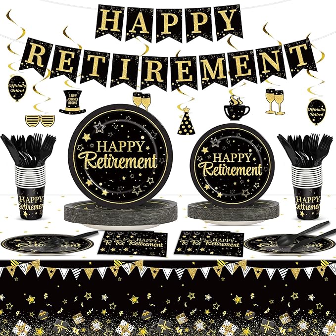 184pcs Happy Retirement Party Supplies Black Gold Happy Retirement