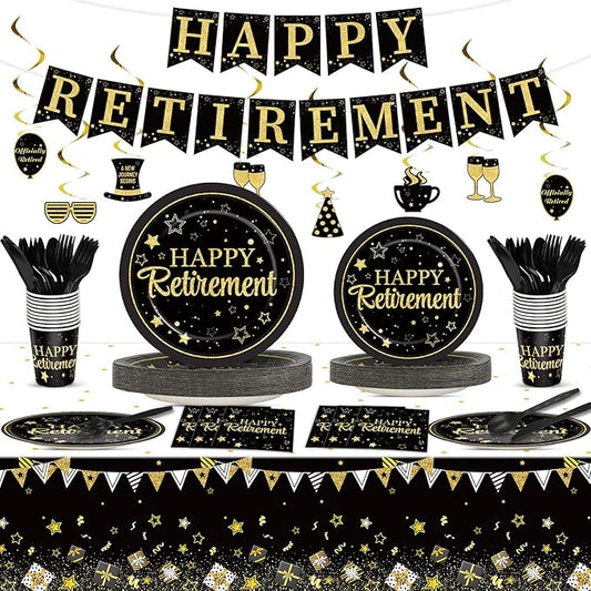 184pcs Happy Retirement Party Supplies Black Gold Happy Retirement