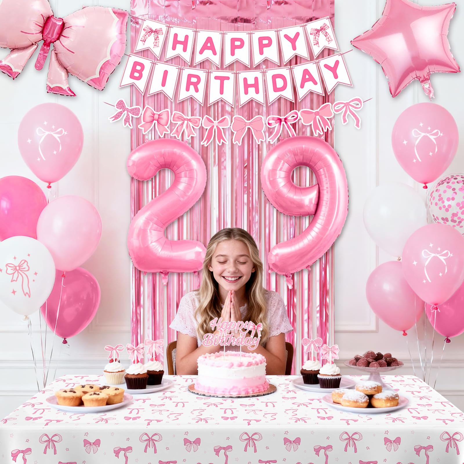 29th Pink Birthday Decorations for Women, Pink Bow Coquette Birthday