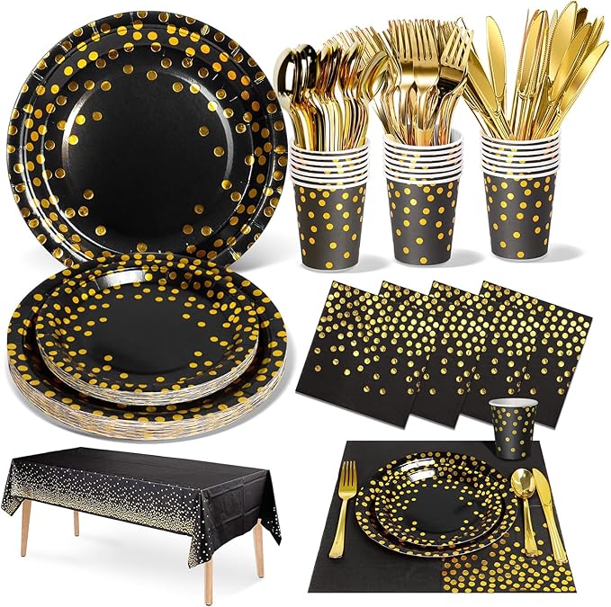 Nkaiso 141 Pieces Black Gold Party Supplies, Disposable Party