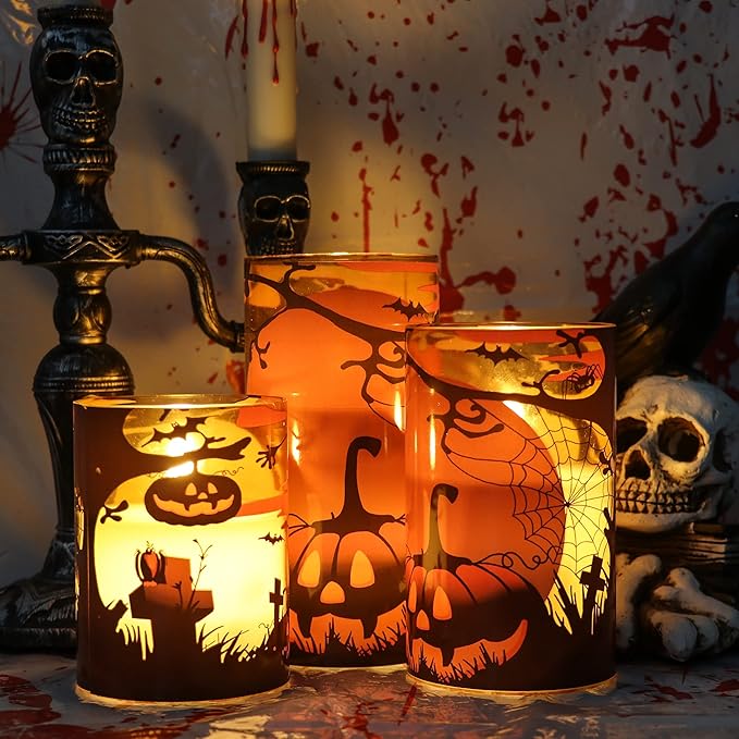 Halloween Flameless Candles with Remote Pumpkin Spider Web Decal and