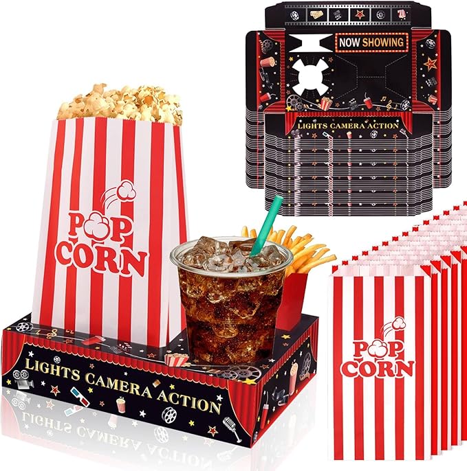36 Pcs Movie Night Snack Trays with Popcorn Bags Disposable Paper