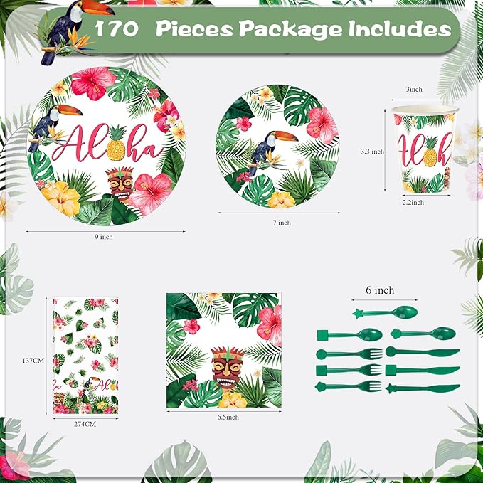 170 Pcs Hawaiian Luau Party Supplies Aloha Plates and Napkins Party