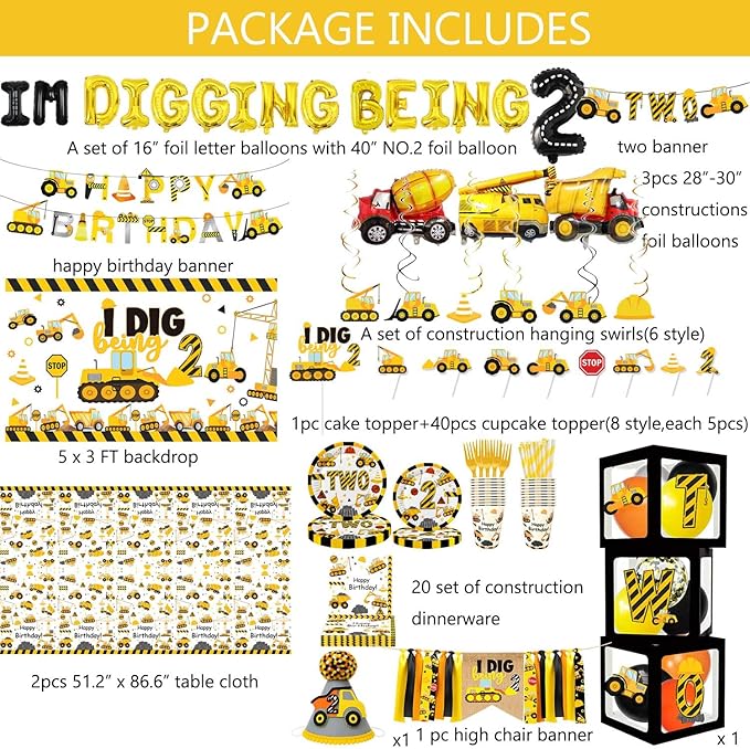 345 Pcs Construction 2nd Birthday Party Supplies Dump Truck Two