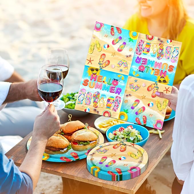 Beach Party Decorations 60 Pcs Hello Summer Flip Flop Decor Plates &