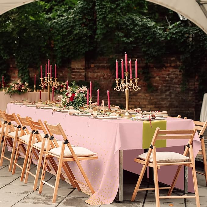 16Pack Disposable Plastic Tablecloths and Satin Table Runner Set Pink