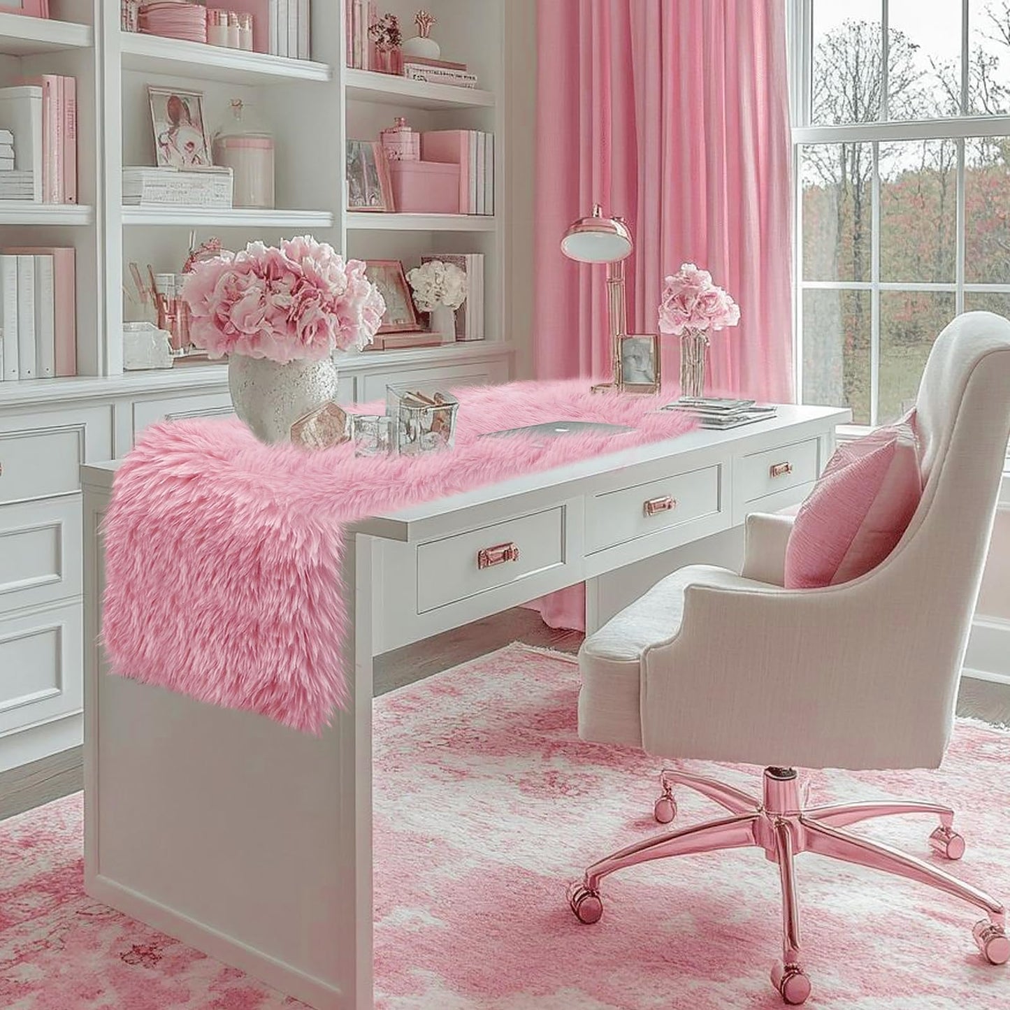 yuboo Pink Fur Table Runner 72 inches, Fluffy Pink Preppy Girly