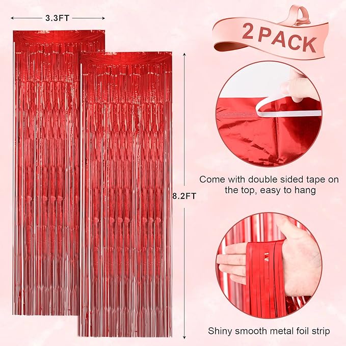 Voircoloria 2 Pack Laser Red Foil Fringe Backdrop Curtains, Tinsel