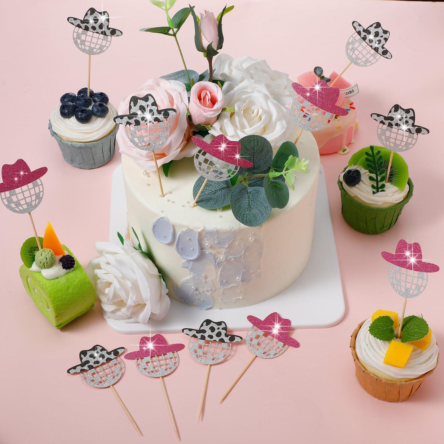 Barydat 60 Pcs Glitter Disco Ball Cupcake Topper Cowboy Hat Cake