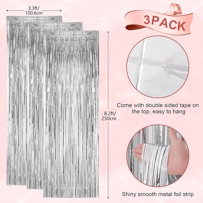 Voircoloria 3 Pack 3.3x8.2 Feet Silver Foil Fringe Backdrop Curtains,
