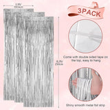 Voircoloria 3 Pack 3.3x8.2 Feet Silver Foil Fringe Backdrop Curtains,