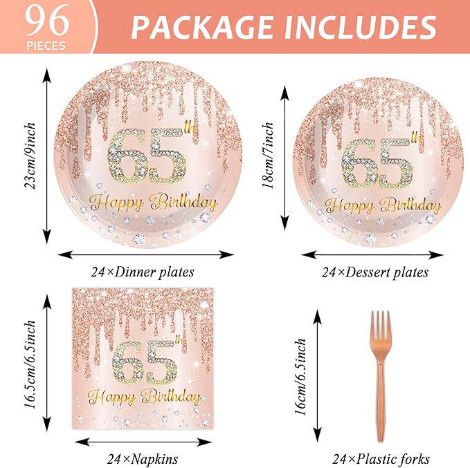 96Pcs 65th Birthday Decorations Pink Rose Gold Paper Plates Napkins