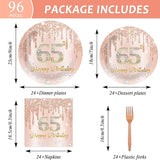 96Pcs 65th Birthday Decorations Pink Rose Gold Paper Plates Napkins