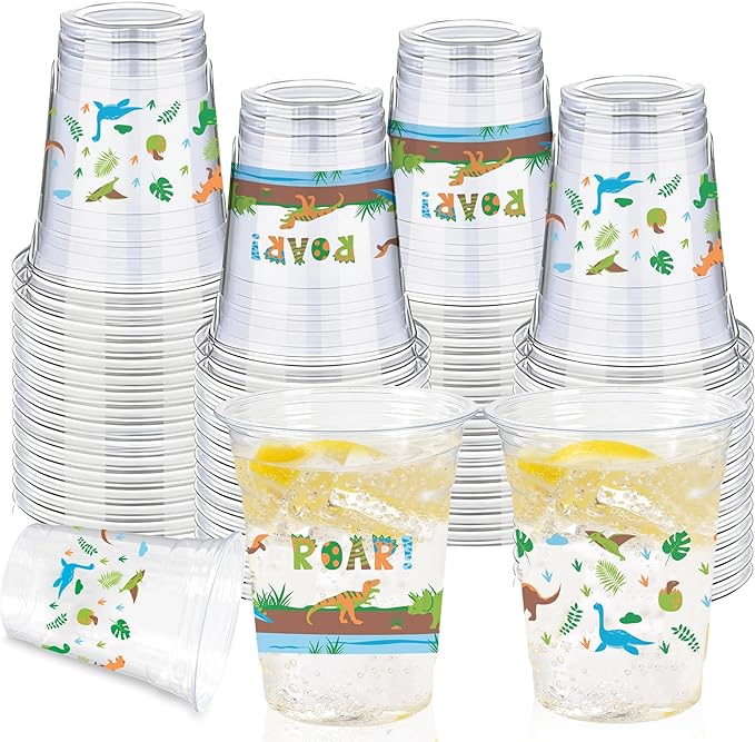 100 Pcs Dinosaur Cups 12oz Dinosaur Plastic Clear Disposable