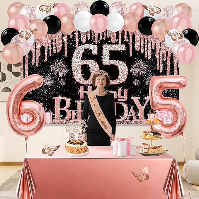 65th Birthday Decorations for Women 49pcs Black Rose Gold Black