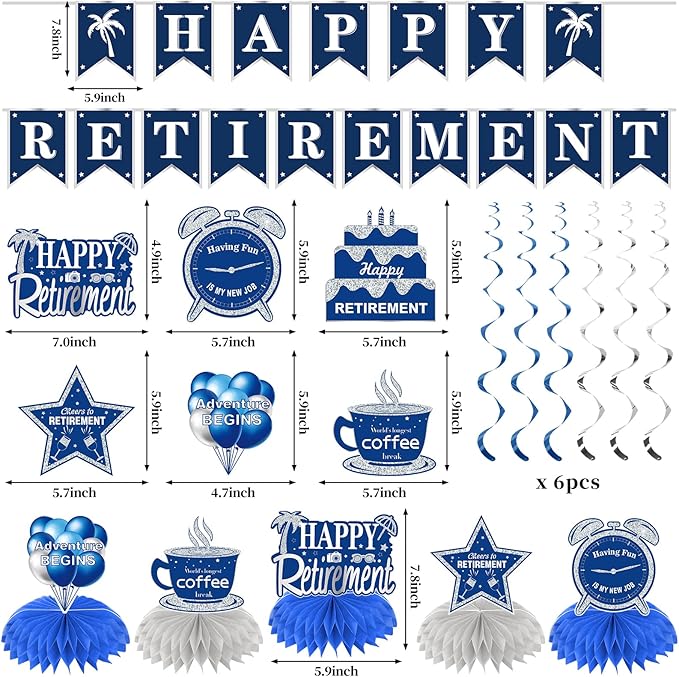 20PCS Retirement Party Decorations Kit for Men Blue Silver