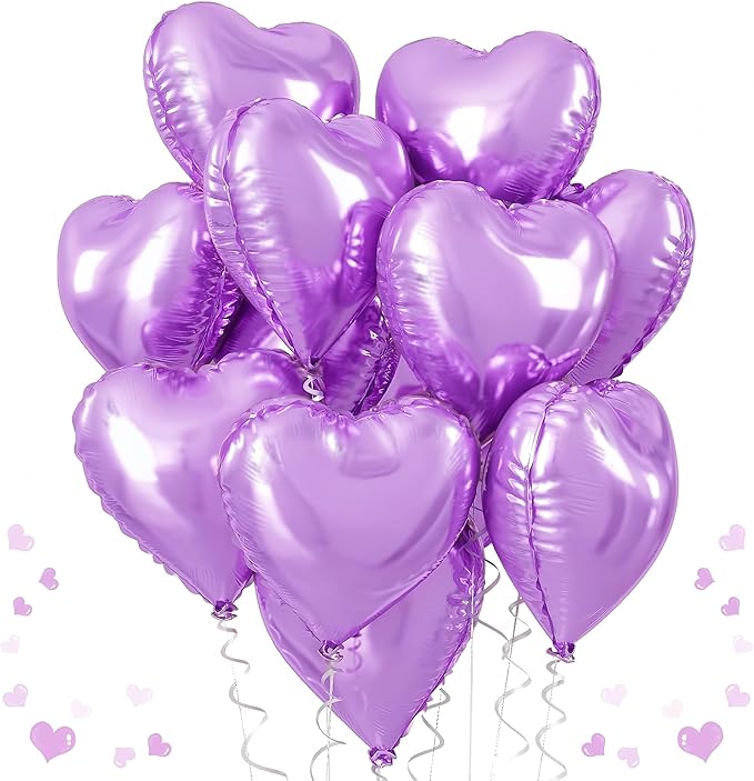 Purple Foil Heart Balloons, 12Pcs Lavender Purple Heart Shape Foil