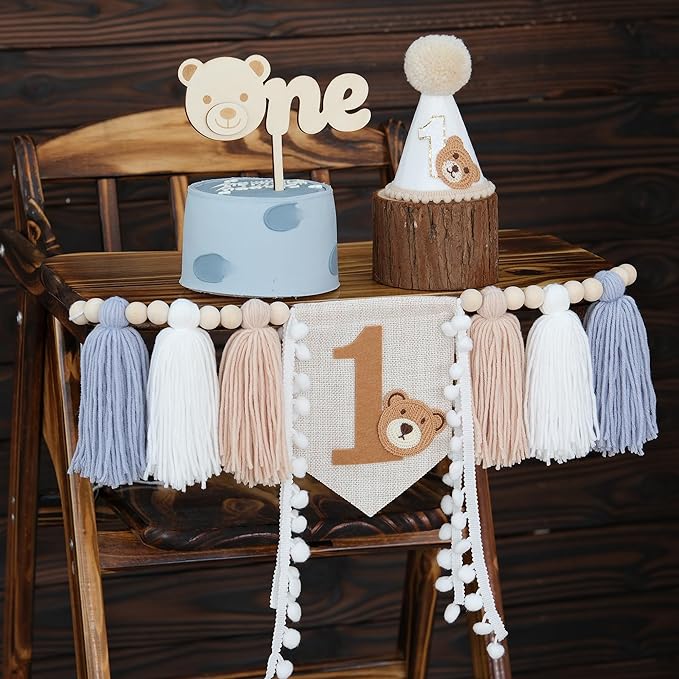 Bear First Birthday Blue High Chair Banner Decorations Baby Boy With