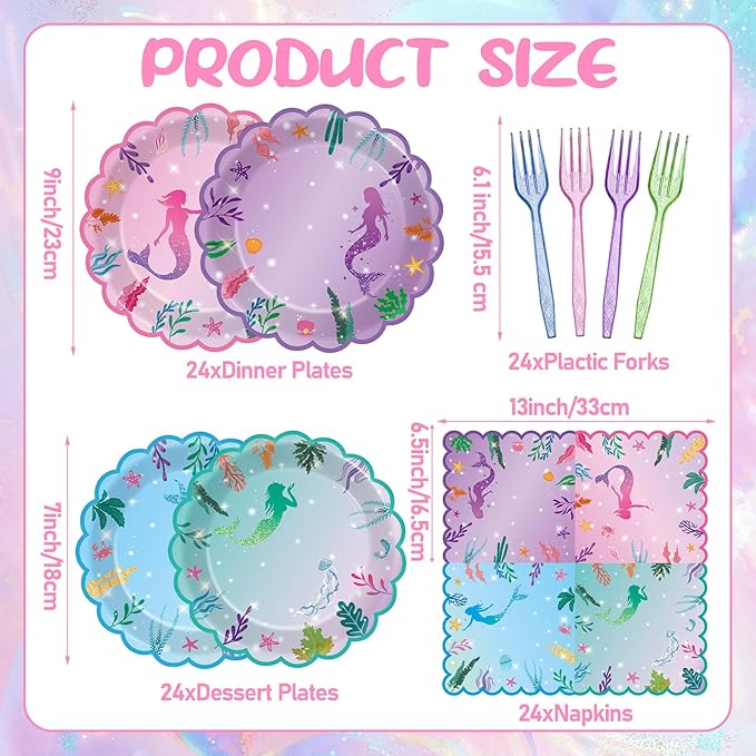 96PCS Mermaid Birthday Party Plates and Napkins Under The Sea