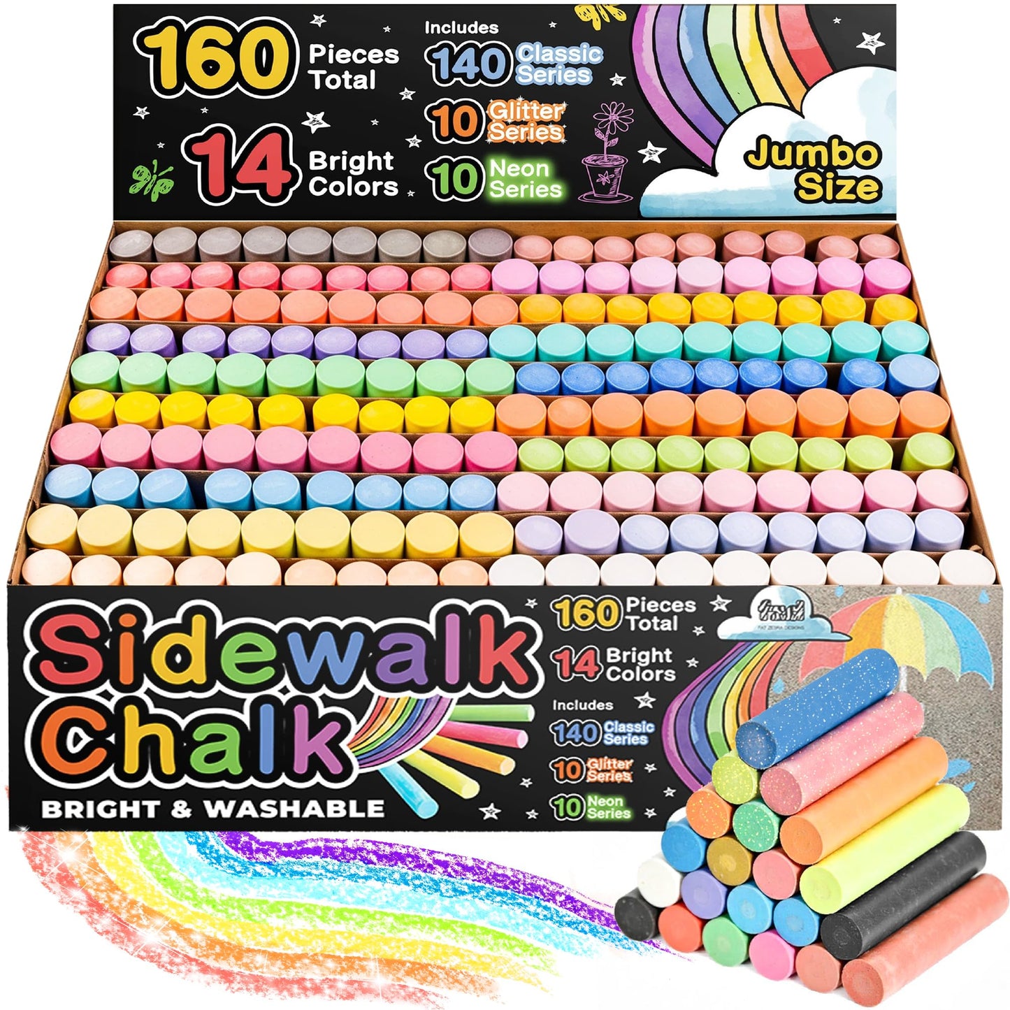 160 PCS Sidewalk Chalk for Kids - 14 Colors, 10 Glitter, 10 Neon