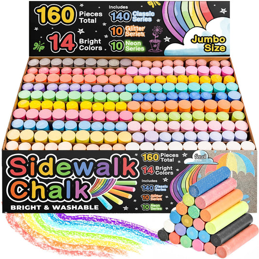 160 PCS Sidewalk Chalk for Kids - 14 Colors, 10 Glitter, 10 Neon