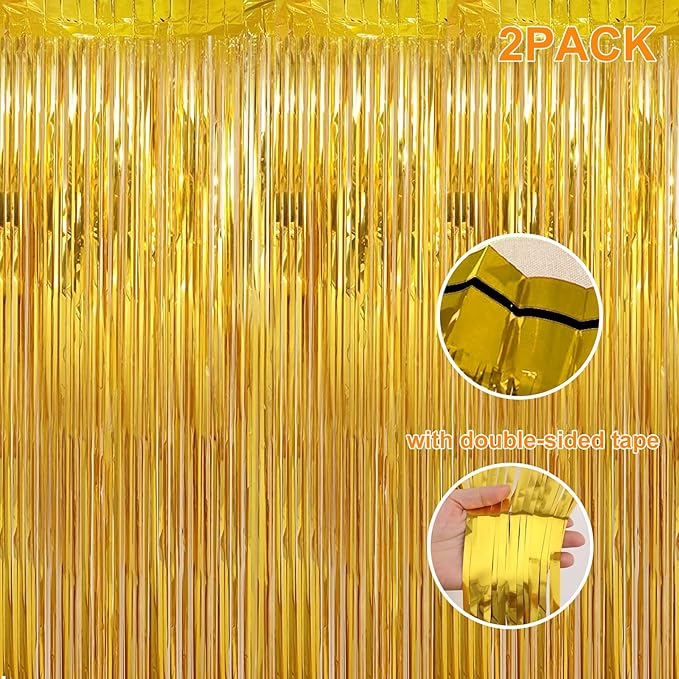 2 Pack 3.28 ft x 6.56 ft Golden Tinsel Curtain Party Backdrop