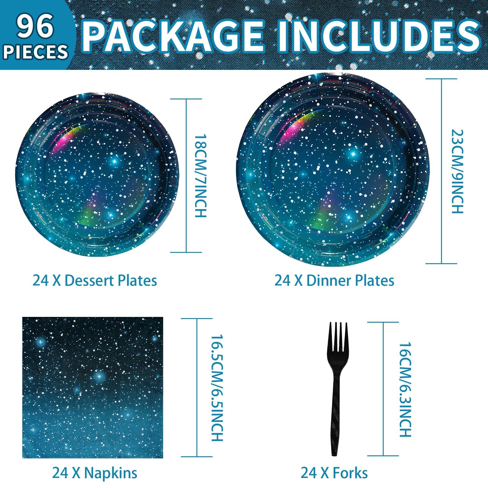 96Pcs Galaxy Party Supplies Iridescent Space Stars Birthday Plates and