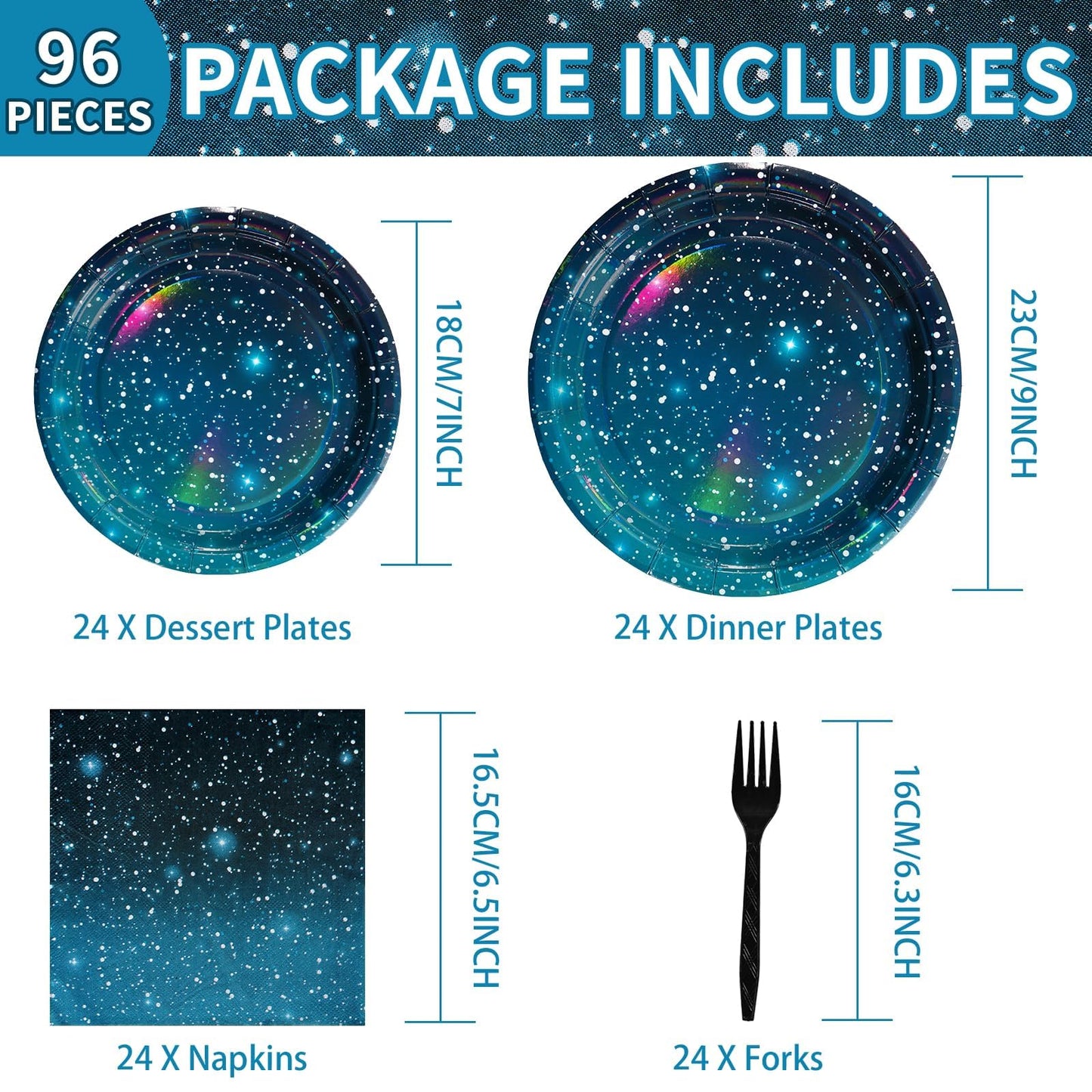 96Pcs Galaxy Party Supplies Iridescent Space Stars Birthday Plates and