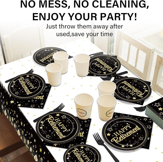 Happy Retirement Party Supplies Serves 24 Black and Gold Retirement