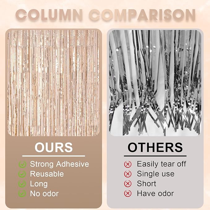 Voircoloria 3 Pack 3.3 x 8.2 ft Laser Champagne Foil Fringe Backdrop