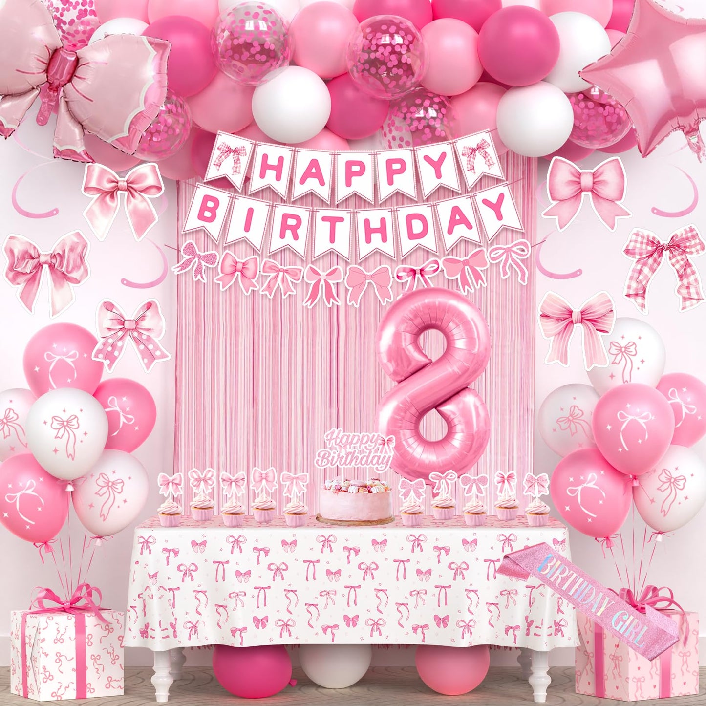8th Pink Birthday Decorations for Girls, Pink Bow Coquette Birthday