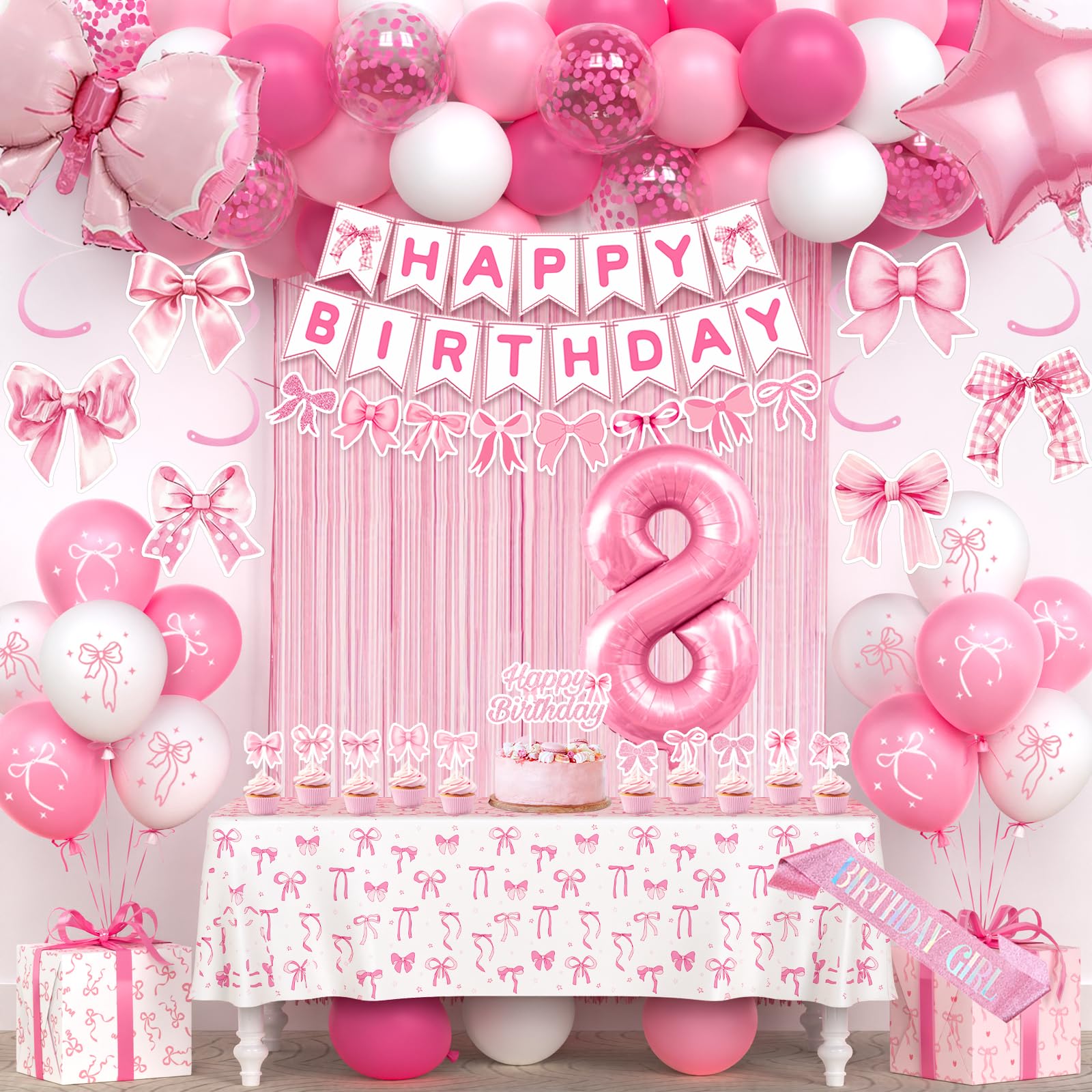 8th Pink Birthday Decorations for Girls, Pink Bow Coquette Birthday