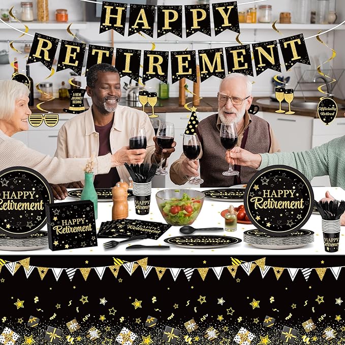 184pcs Happy Retirement Party Supplies Black Gold Happy Retirement