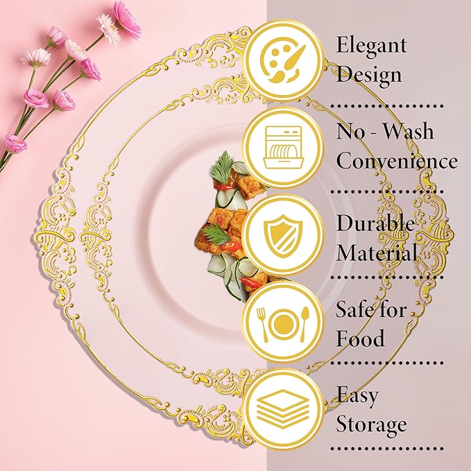 Nervure 175PCS Pink Plastic Plates - Disposable Pink Gold Party