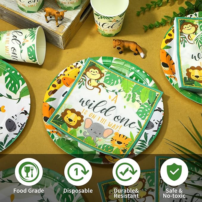 200 Pcs Jungle Safari Baby Shower Paper Plates Napkins Cups Baby