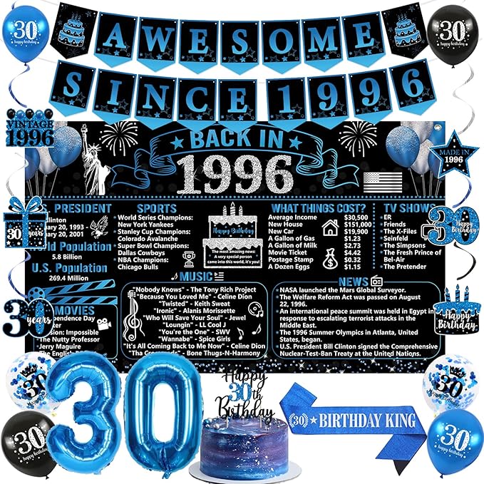 30th Birthday Decorations for Men 20PCS Black Blue Back in 1996