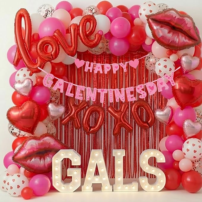 Valentines Day balloon garland arch kit with Banner red Hot pink