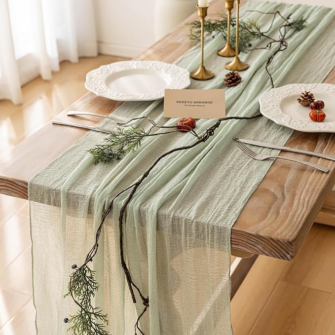 Keketoarrange 6pcs Sage Green Spring Easter Cheesecloth Table Runner