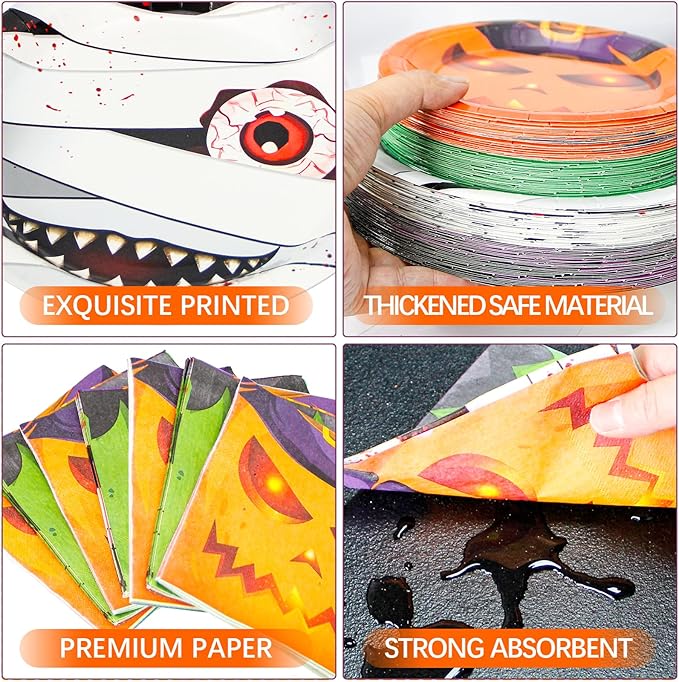 180 Pcs Halloween Paper Plates and Napkins Set 4 Design Pumpkin